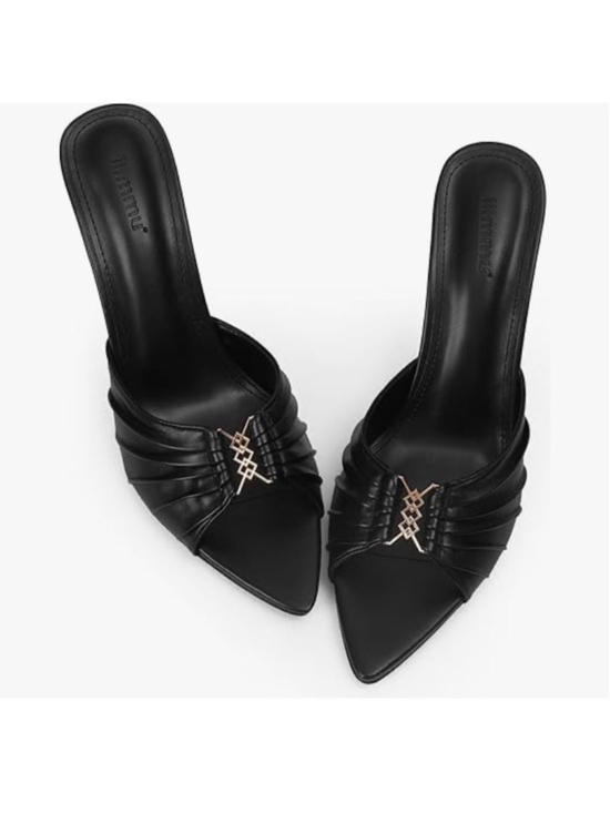 iiimmu Shoes - NEW Mules Heeled Sandals Vegan Leather High 3.5in Heels Pointed Peep Toe 7.5